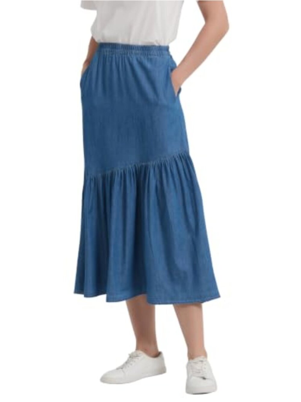 Tronjori Womens 100% Cotton Denim Long Midi Skirt Pleated A-Line